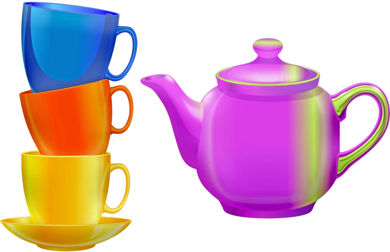 three cups and a teapot sitting next to each other, a digital rendering, by Shen Che-Tsai, pixabay, colorful plastic, no gradients, shiny colorful, ( ( ( colorful ) ) )