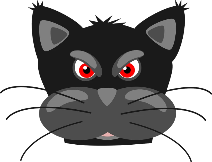 a black cat's face with red eyes, vector art, pixabay, digital art, an angry expression, frontal shot, armored cat, acrace catoon