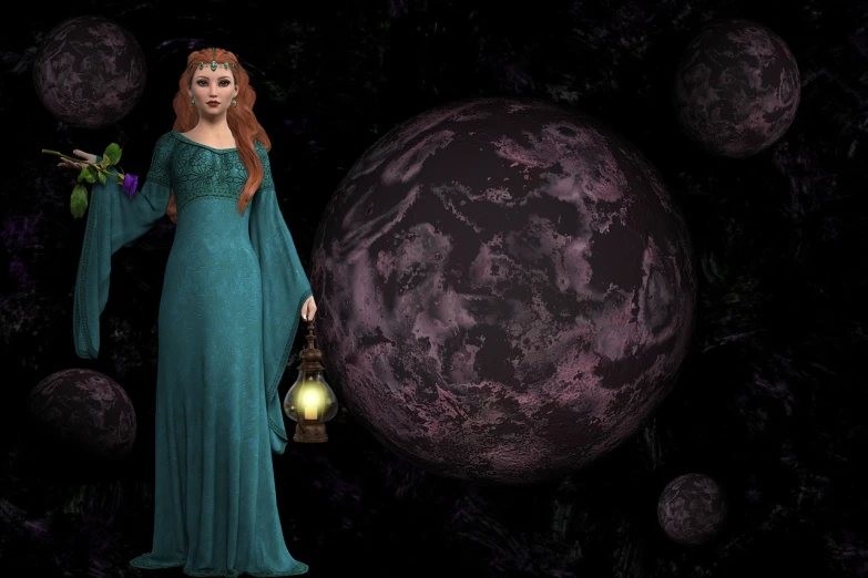 a woman in a blue dress holding a lantern, a digital rendering, inspired by gaston bussiere, in deep space, modeled in poser, mauve and cyan, dressed in a medieval lacy