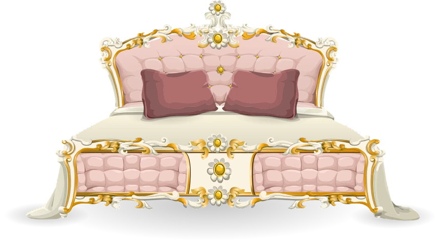 a bed with two pillows on top of it, an illustration of, by Elena Guro, trending on pixabay, rococo, pink and gold color scheme, cel shaded vector art, rendering of beauty pageant, black white pink