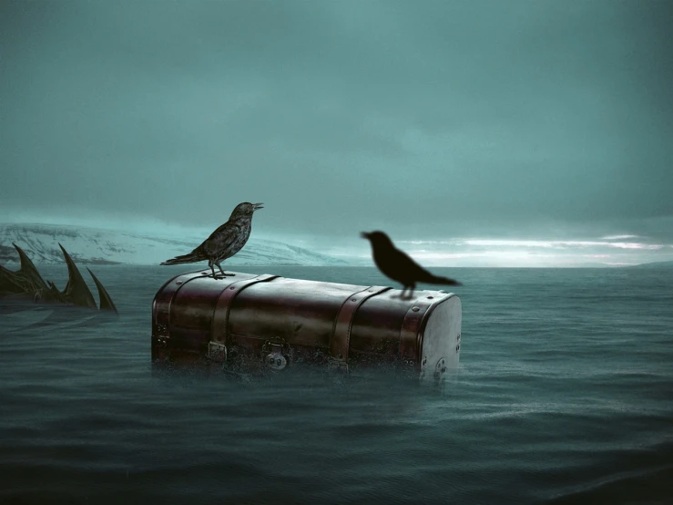 a bird sitting on top of a barrel in the water, a picture, by maxim verehin, conceptual art, in suitcase, spooky photo, iphone background, ships