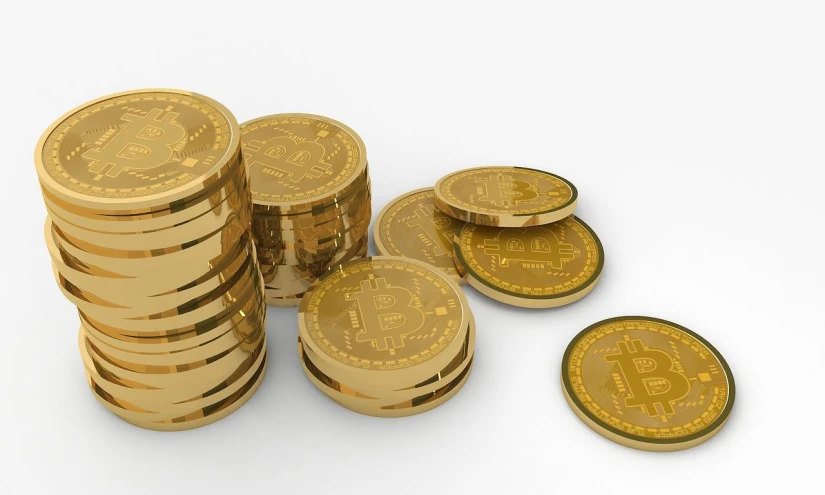 a pile of gold coins sitting on top of each other, a digital rendering, trending on pixabay, digital art, bitcoin, set against a white background, cash on a sidetable, 3/4 view from below