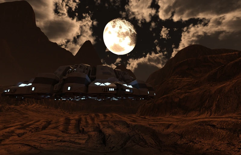 a large building sitting in the middle of a desert, space art, at night with moon light, high tech spaceships, high res eautiful lighting, bottom angle