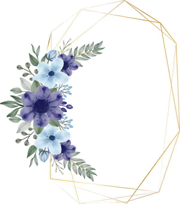 a purple and blue flower wreath on a black background, geometric golden ratio details, transparent background, subtle gold accents, golden leaves at frame border