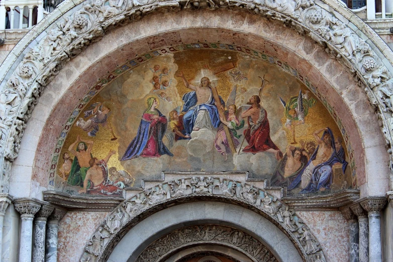 a painting on the side of a building, a mosaic, by Quirizio di Giovanni da Murano, renaissance, ascension, 🎨🖌️, arch, tiepolo