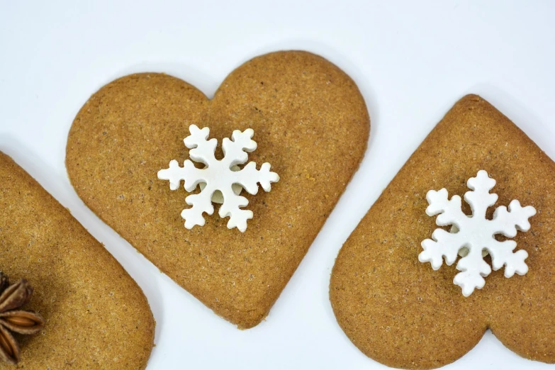 three heart shaped cookies with snowflakes on them, a picture, by Sylvia Wishart, pexels, hr ginger, with a white background, 3 4 5 3 1, panel