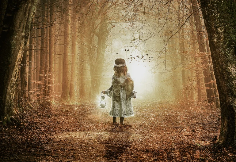 a couple of people that are standing in the woods, inspired by Tom Chambers, digital art, girl under lantern, little girl with magical powers, in autumn, the light is bright and wintry