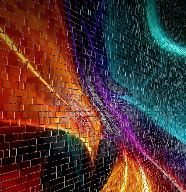 a close up of a colorful brick wall, abstract illusionism, fractal waves, torn mesh, tendrils of colorful light, color highway
