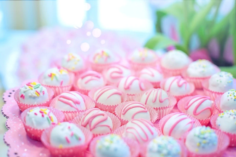 a pink plate topped with cupcakes covered in white and pink frosting, a picture, tumblr, beautiful hd, colorful]”, 1 5 mm, ball