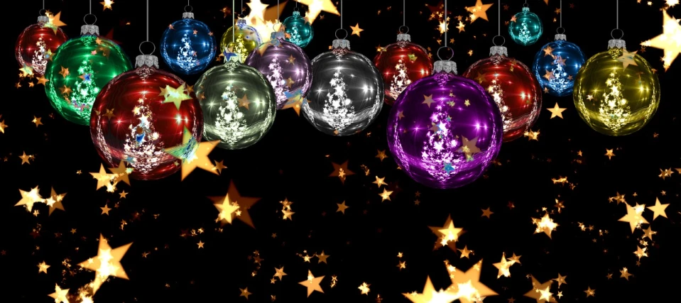 a bunch of christmas ornaments hanging from a string, a digital rendering, pexels, black background with stars, full of colour 8-w 1024, glass - reflecting - stars, animation