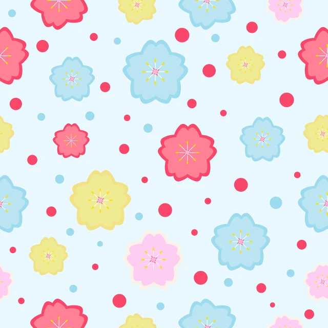 a pattern of flowers and dots on a white background, a digital rendering, inspired by Saitō Kiyoshi, sakura bloomimg, super cute, light blue background, candy colors