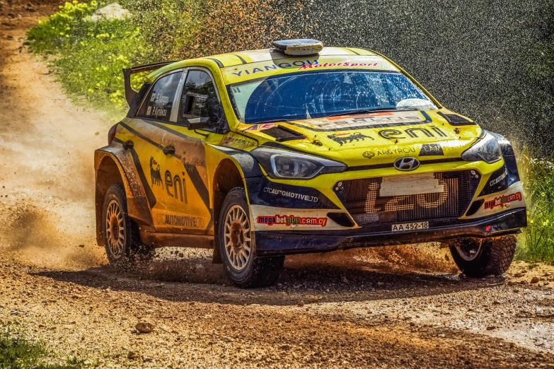 a yellow and black car driving on a dirt road, a picture, shutterstock, photorealism, in a race competition, petros, 😃😀😄☺🙃😉😗, dynamic action shot