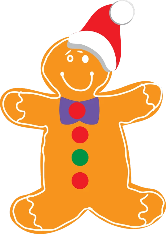 a gingerbread man with a santa hat and bow tie, a cartoon, pexels, naive art, an orange, a brightly colored, black, ca