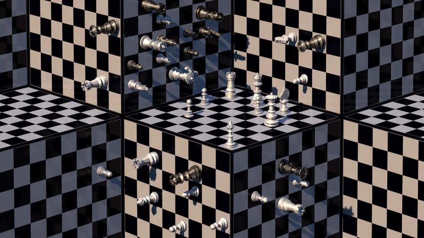 a group of chess pieces sitting on top of a checkered floor, abstract illusionism, black 3 d cuboid device, very complex, endless collaboration with ai, six sided