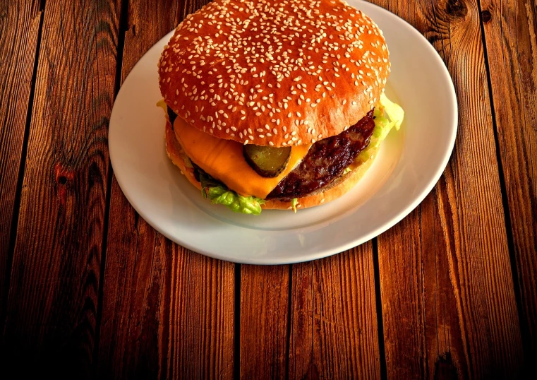 a hamburger sitting on top of a white plate, pixabay, photorealism, on a wooden plate, luscious patty with sesame seeds, photorealism. trending on flickr, foodphoto