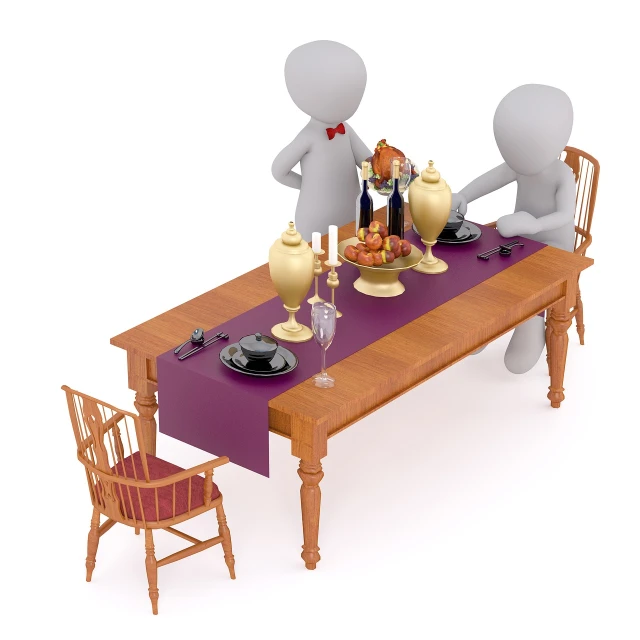 a couple of people that are sitting at a table, a digital rendering, conceptual art, 3 d character render, presenting wares, family dinner, discovered photo