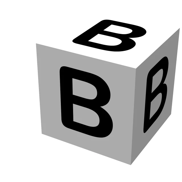 a black and white block with the letter b on it, a screenshot, pixabay, menger sponge, solid object in a void, white background, shadow