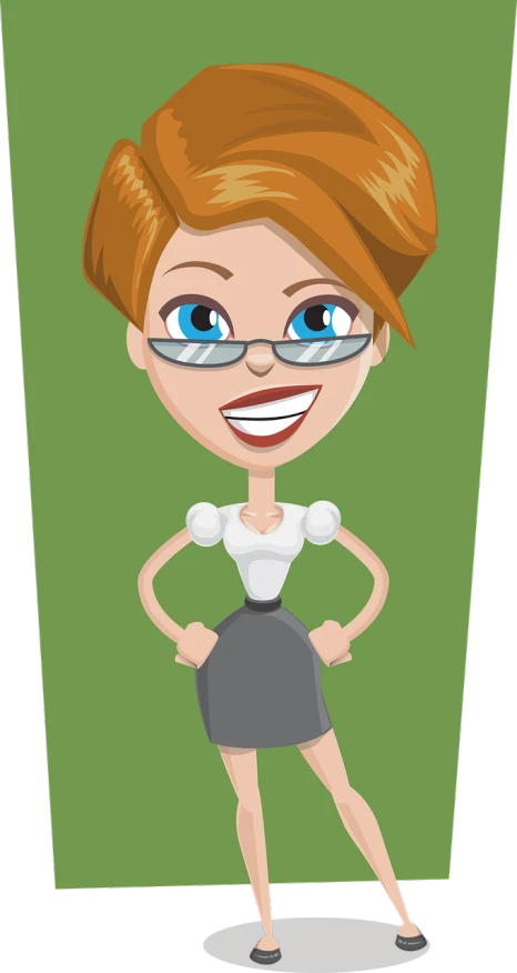 a woman in glasses standing with her hands on her hips, a cartoon, by Ella Guru, pixabay contest winner, female in office dress, friendly seductive smile, redhead girl, mom