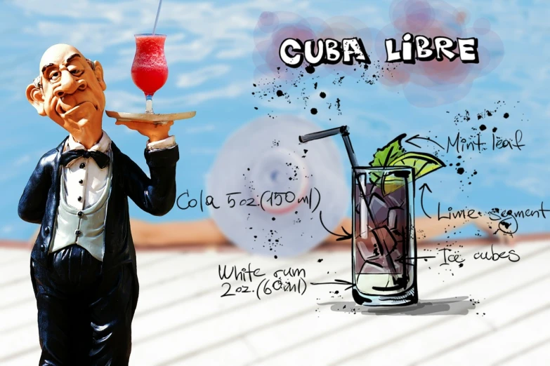 a figurine of a man holding a plate with a drink, an illustration of, by Galen Dara, cobra, varadero beach, library of ruina concept art, bartending, diagram