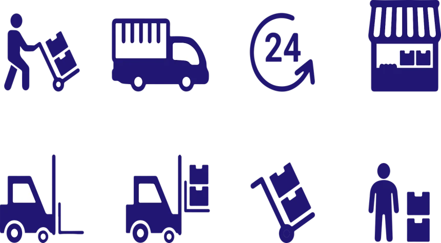 a bunch of blue icons on a black background, a diagram, by Matt Cavotta, ( ( ( ( ( garbage truck, dark purple scheme, four, warehouses