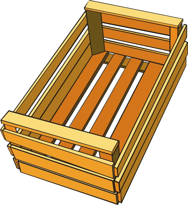 a wooden crate on a black background, a digital rendering, cel shaded vector art, coloured lineart, wikihow illustration, small bed not made