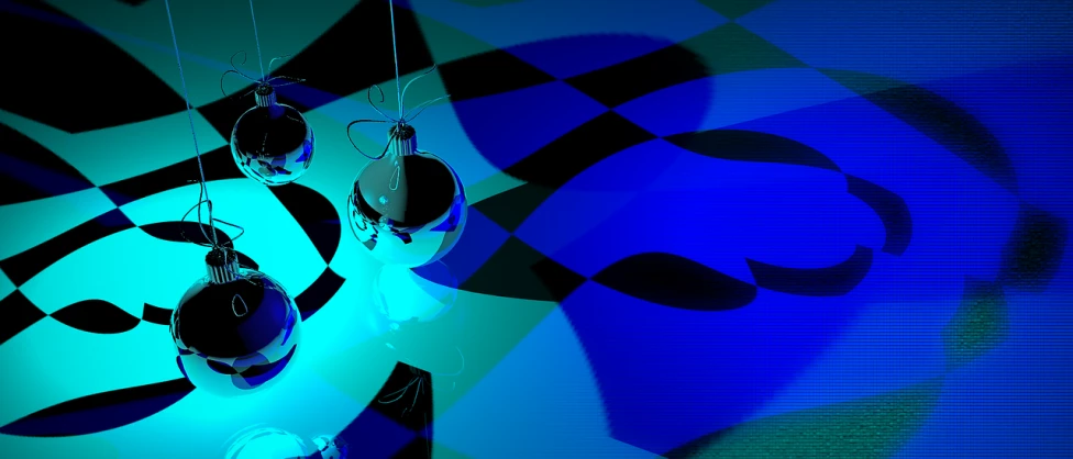 a clock sitting on top of a table under a blue light, a raytraced image, inspired by Herbert Bayer, flickr, digital art, checkered floor, hanging out with orbs, blue and black color scheme)), liquid shadows engulf