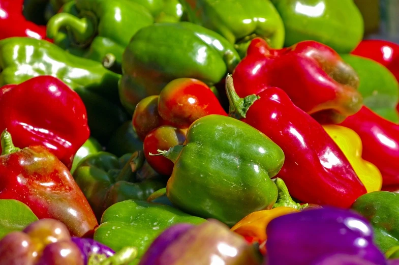 a pile of colorful peppers sitting on top of each other, renaissance, shades green and red, zoomed in, green and purple, colorful scene