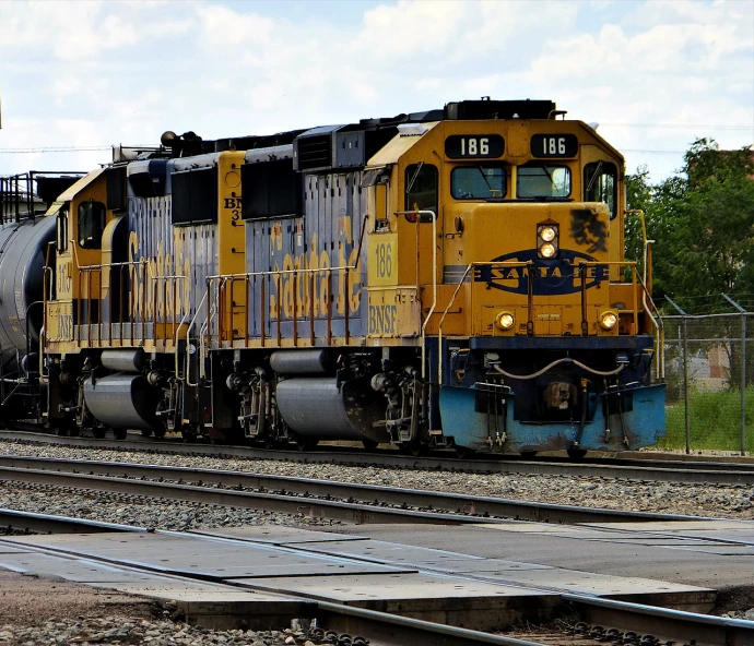 a yellow train traveling down train tracks next to a forest, by Arnie Swekel, flickr, large blue engines, albuquerque, in the yard, panoramic