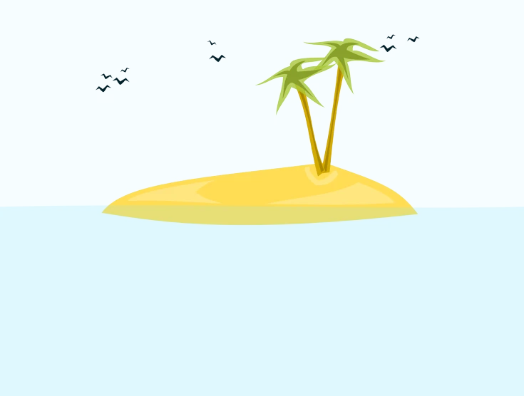 a small island in the middle of the ocean, an illustration of, minimalism, cartoon style illustration, tropical birds, card, flash photo