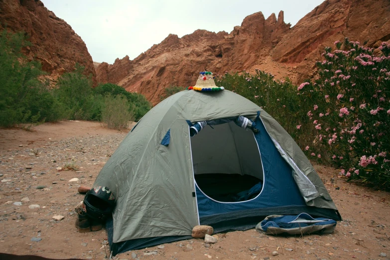 a tent with a stuffed animal on top of it, a photo, by Dietmar Damerau, shutterstock, morocco, geology, 90s photo, beutiful!