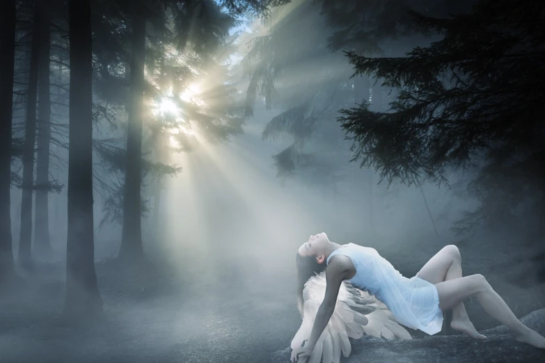 a woman laying on the ground in a foggy forest, inspired by Edward Robert Hughes, romanticism, girl with angel wings, ballet, dramatic white and blue lighting, sun rising