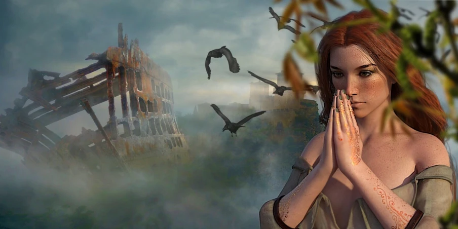 a woman holding her hands in front of her face, a matte painting, fantasy art, with a crow on her shoulder, flying ships in the background, background image, [[fantasy]]