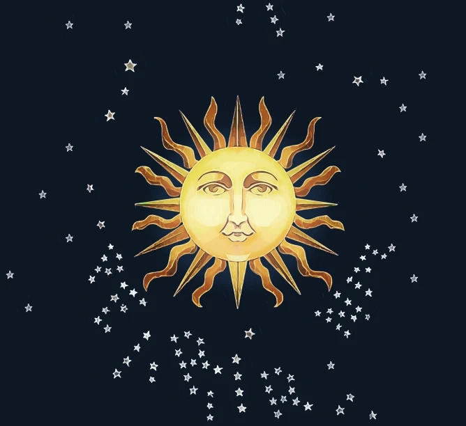 a sun with a face surrounded by stars, an illustration of, inspired by Sun Long, vintage - w 1 0 2 4, tolkein art, illustartion, hand drawn illustration