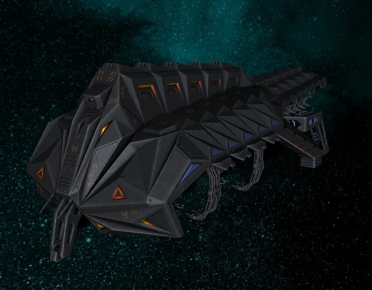 a spaceship flying through a space filled with stars, hurufiyya, heavy black obsidian armor, realistic warship design, jormungandr, untextured