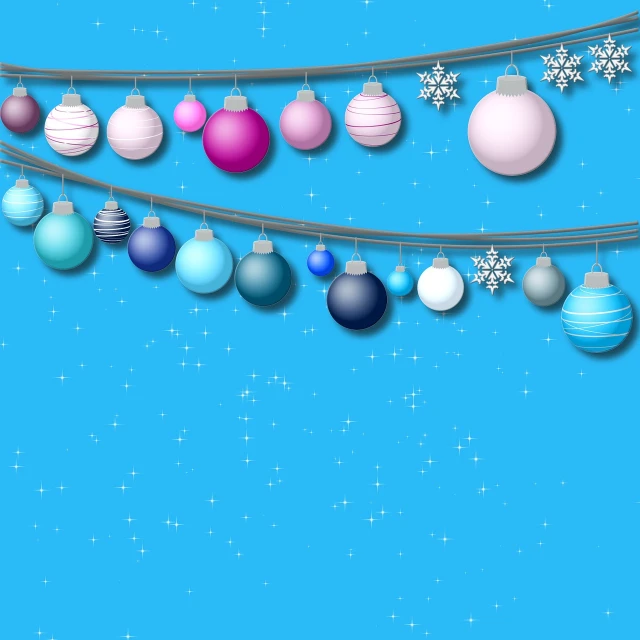 a string of christmas balls and snowflakes on a blue background, a digital rendering, star, colorful paper lanterns, beads, birthday