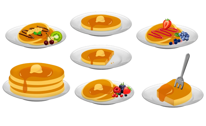 a number of plates of food on a table, an illustration of, shutterstock, pancakes, on a flat color black background, set of high quality hd sprites, nine separated hd