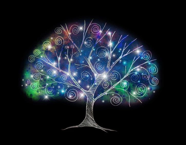a drawing of a tree with swirly branches, a digital rendering, inspired by Johan Jongkind, trending on pixabay, generative art, rainbow fireflies, metallic galactic, with a black background, tree; on the tennis coat