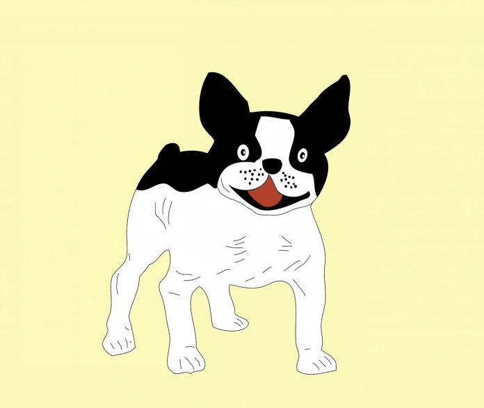 a black and white dog on a yellow background, an illustration of, by Shiba Kōkan, shutterstock, french bulldog, simple and clean illustration, very very well detailed image, caricature illustration