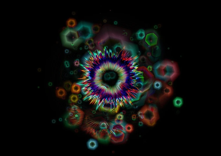 a close up of a colorful flower on a black background, digital art, inspired by Kagaku Murakami, generative art, dark color. explosions, the eye of the universe, raytracting, high res