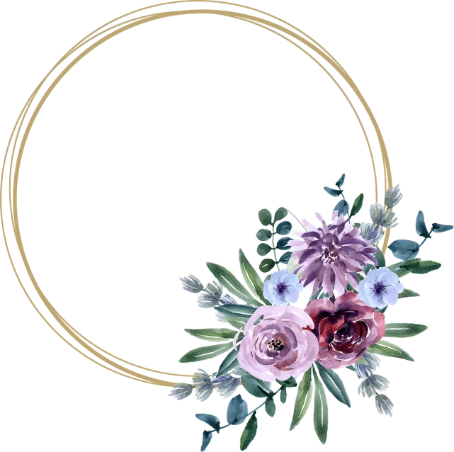 a round frame with flowers and leaves on a black background, a digital rendering, exposed gold wires, listing image, subtle purple accents, bouquets