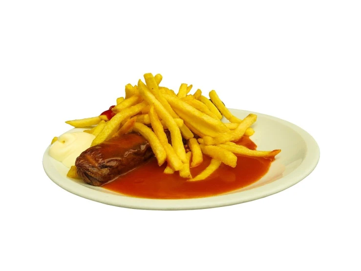 a white plate topped with french fries and ketchup, inspired by Pia Fries, romanticism, steak, high quality product photo, sausages, caramel