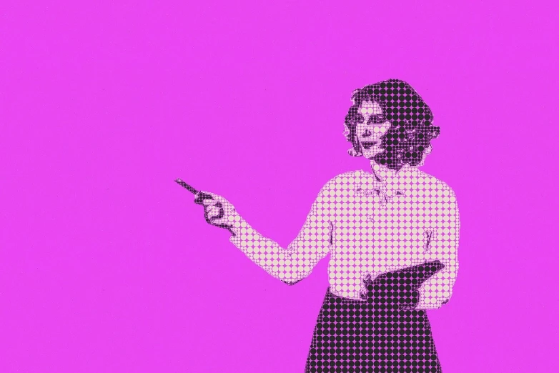 a woman holding a pair of scissors in her hand, inspired by Andrew Loomis, pop art, halftone dots, teacher, retro pink synthwave style, giving a speech