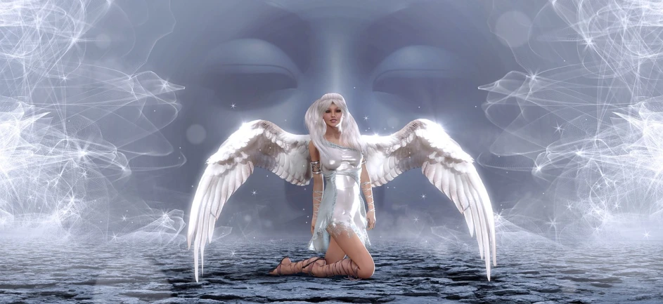 an angel sitting on top of a body of water, digital art, pixabay contest winner, beautiful white glowing eyes, silver eyes full body, trending on mentalray, high quality fantasy stock photo