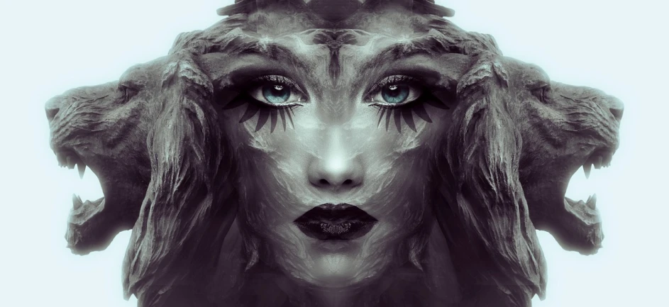 a black and white photo of a woman's face, digital art, by Galen Dara, digital art, symmetrical epic fantasy art, mirrored, girl with feathers, beautiful art uhd 4 k