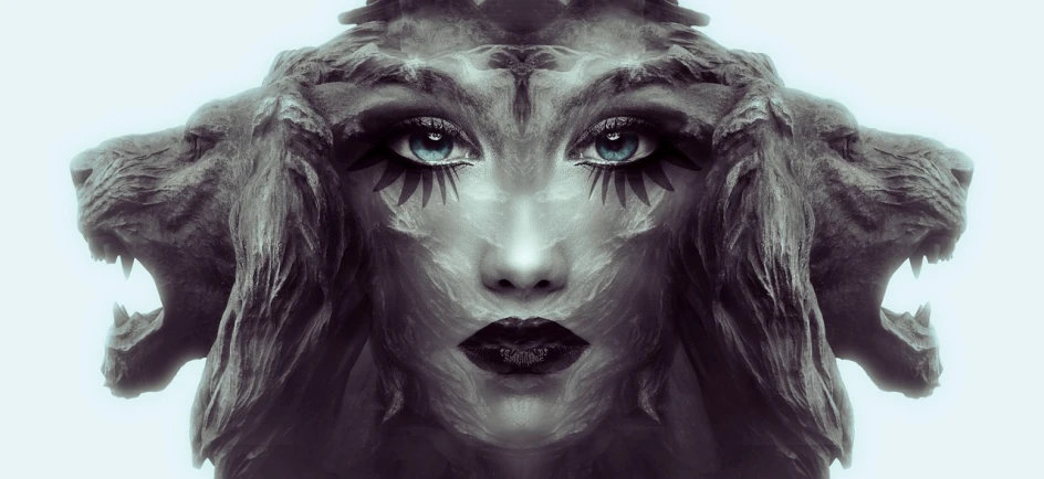 a black and white photo of a woman's face, digital art, by Galen Dara, digital art, symmetrical epic fantasy art, mirrored, girl with feathers, beautiful art uhd 4 k