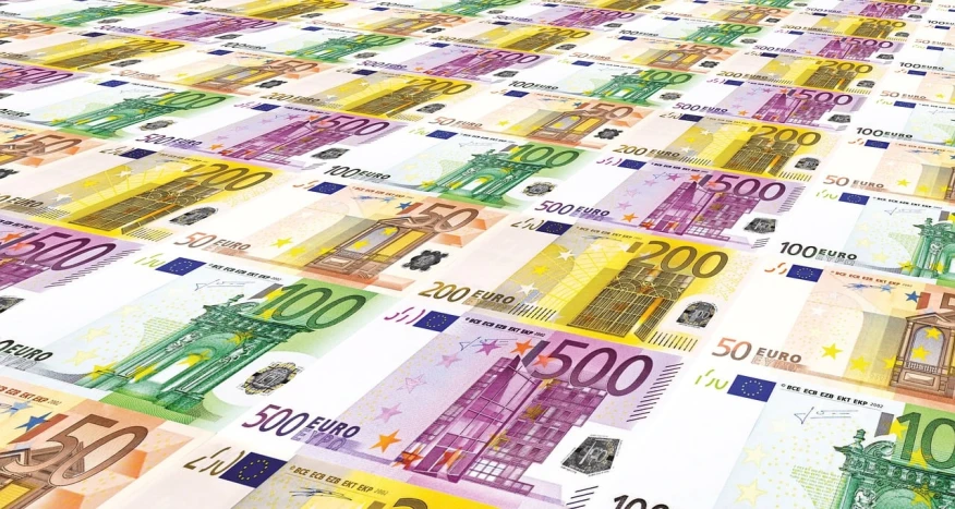 a lot of money sitting on top of each other, a digital rendering, by Jakob Gauermann, pixabay, zoomed view of a banknote, european palette, high res photo, photostock