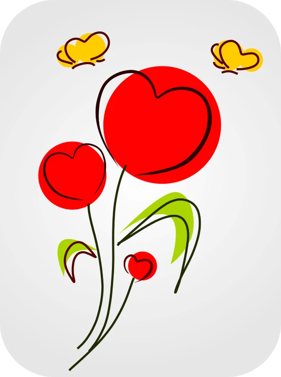 a red flower and a butterfly on a white background, vector art, romanticism, simple line art, falling hearts, on grey background, marketing photo