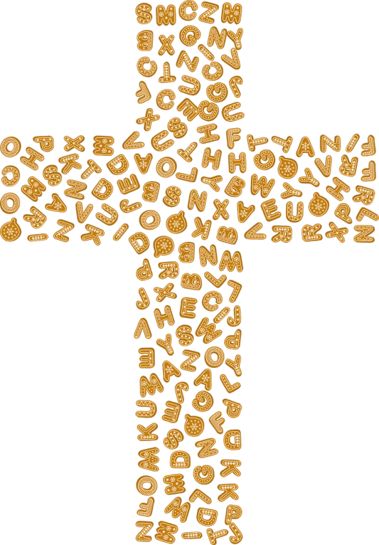 a cross made of letters on a black background, cheerios, bakery, many small details, created in adobe illustrator