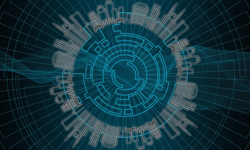 a close up of a circular object on a blue background, digital art, shutterstock, city map, city in the style of cyberpunk, line vector art, dark bg