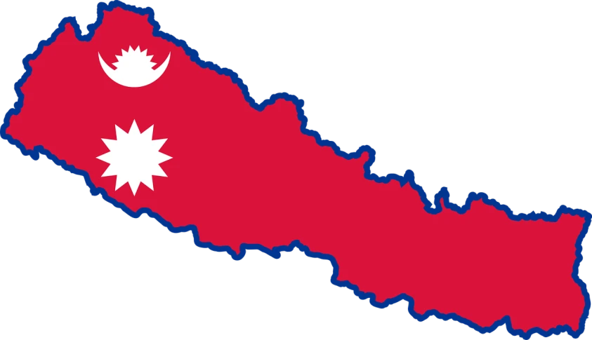 a map of nepal with the flag of nepal, a digital rendering, inspired by Slava Raškaj, shutterstock, hurufiyya, on a flat color black background, stylized border, wikimedia, tsunami